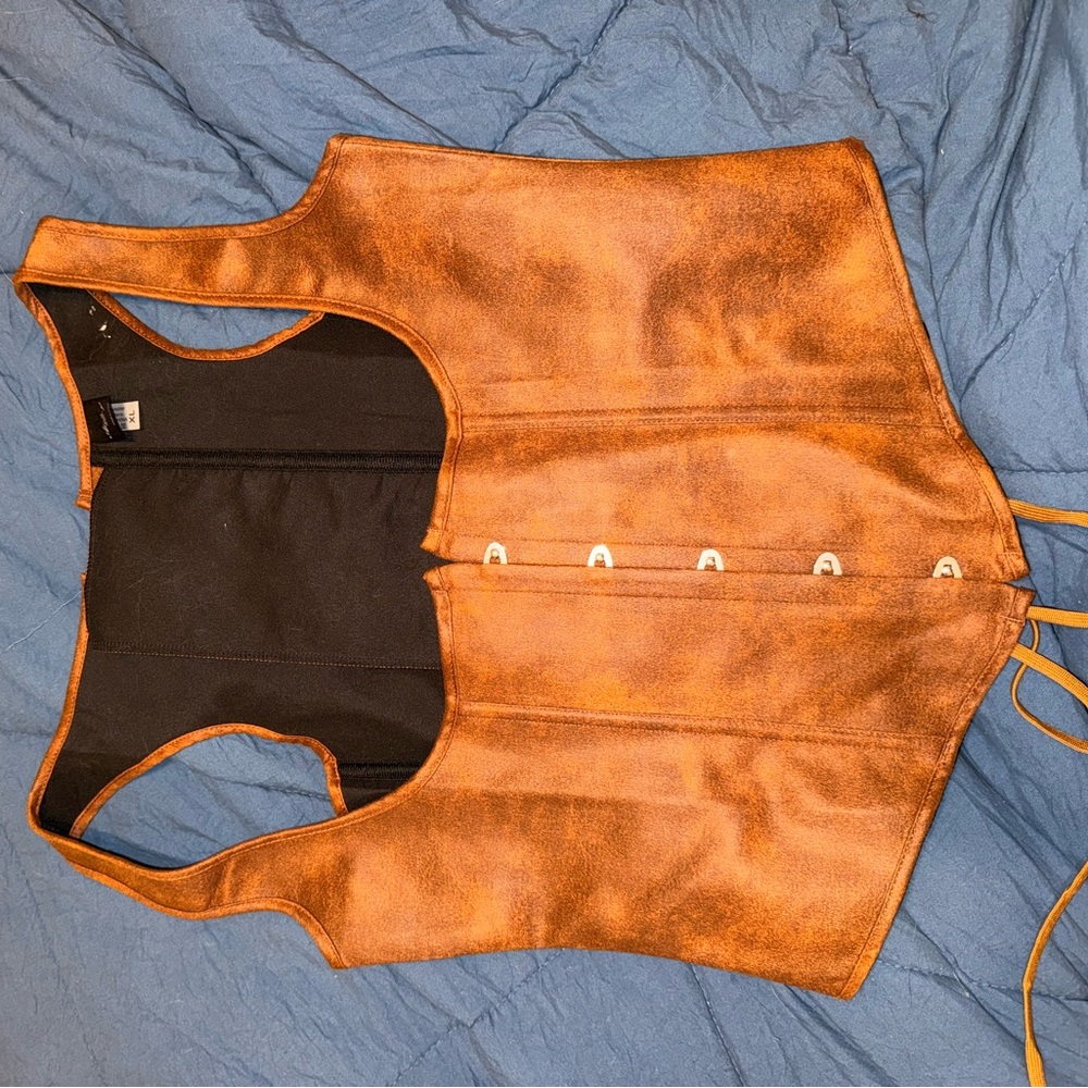Faux brown suede corset, tie back front button Women's Top - Picture 3 of 5